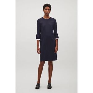 COS navy blue white trim crewneck ruffle long sleeve knitted midi dress